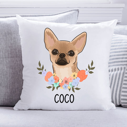 A square-shaped cushion featuring a colourful illustration of a Chihuahua dog with a floral pattern in the background.