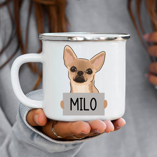 A white enamel mug with a cartoon illustration of a Chihuahua dog at the top, with the name 'Milo' printed on the mug.