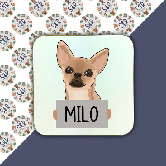 A square coaster with a cartoon illustration of a Chihuahua dog with the name 'Milo' written on it.