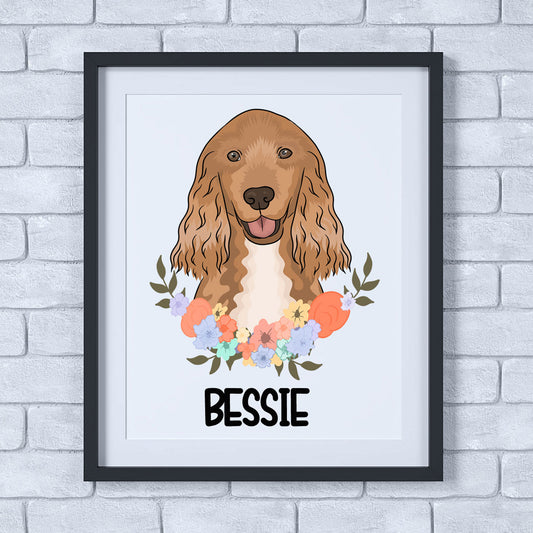A colourful print featuring an illustration of a Cocker Spaniel dog with a floral pattern around it.