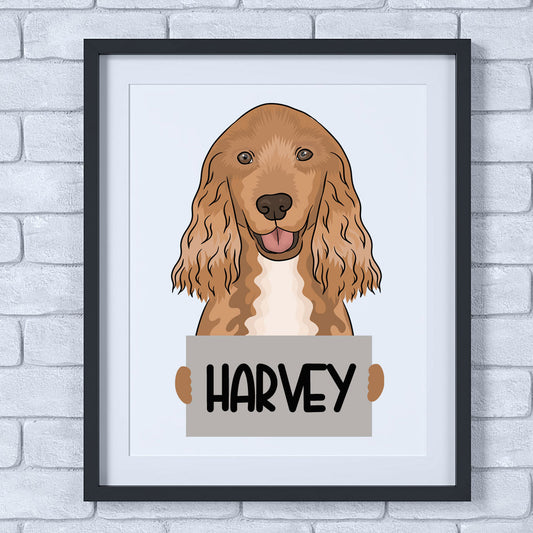 An illustration of a Cocker Spaniel dog with a sign that reads 'Harvey', presented as a framed artwork on a wall.