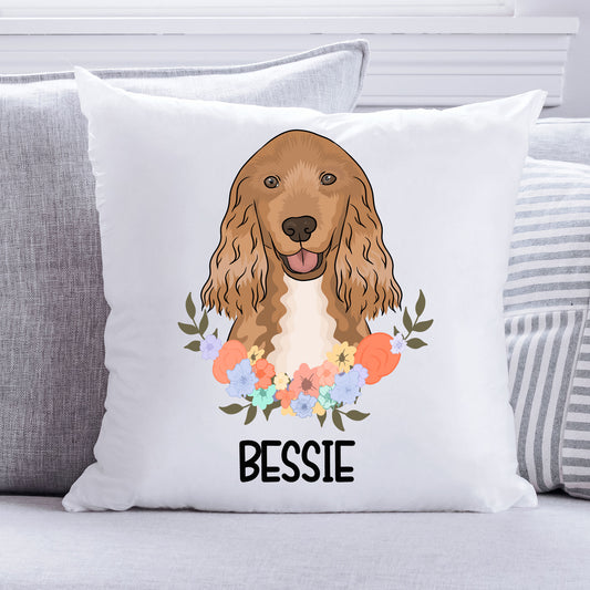 A square-shaped cushion featuring an illustration of a Cocker Spaniel dog with a floral pattern in the background.