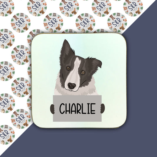 A square coaster with a cartoon illustration of a Border Collie dog with the name 'Charlie' printed on it, set against a patterned background.