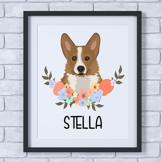 A personalised dog print featuring an illustration of a corgi dog with a floral wreath background, framed in a light gray frame, with the name 'Stella' printed at the bottom.