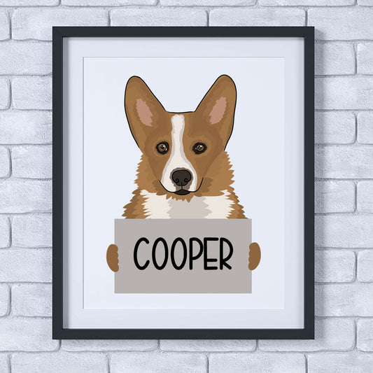 A lovely personalised illustration of a corgi dog with a sign that reads 'Cooper'.
