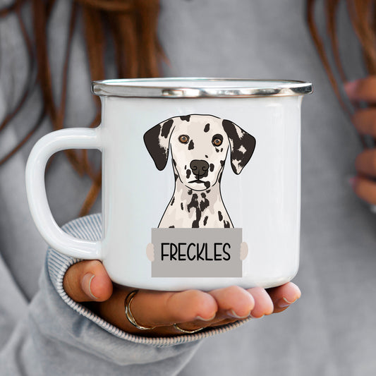A white enamel mug with a Dalmatian dog illustration and the word 'FRECKLES' printed on it.