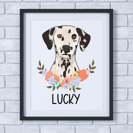 A framed poster of a Dalmatian dog with a floral pattern and the word 'LUCKY' written at the bottom.