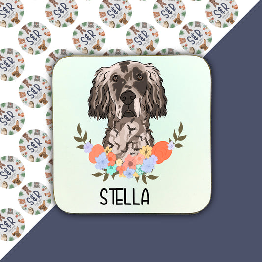 A square coaster with an illustration of an English Setter dog surrounded by a floral pattern. The coaster has a glossy finish and is labeled with the brand name 'Samuel And Rigby Designs'.