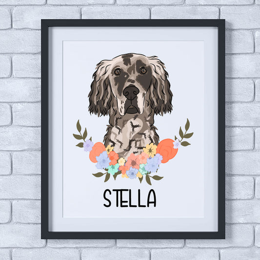 A framed poster of an English Setter dog with a floral pattern in the background.