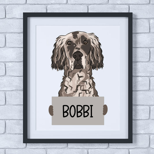 A framed poster of an English Setter dog with the name 'BOBBI' printed at the bottom.