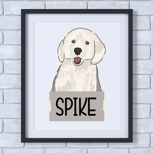 A cartoon-style illustration of an English Sheepdog with a humorous sign saying 'Spike',framed in a light color, presented on a wall.