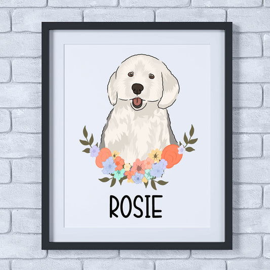 A personalised dog print featuring an illustration of an English Sheepdog with a floral wreath and the name 'Rosie' at the bottom.