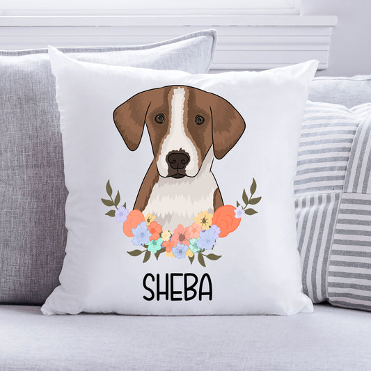 A square cushion with a personalised design featuring a Foxhound dog breed, with a floral pattern around the image.