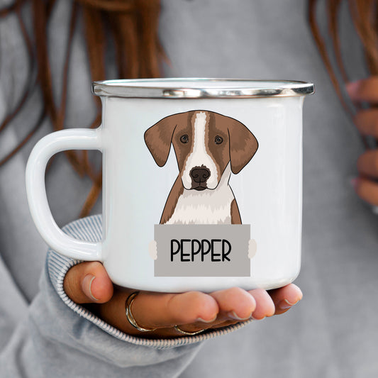 A white enamel mug with a printed image of a foxhound dog and the name 'PEPPER' below it.