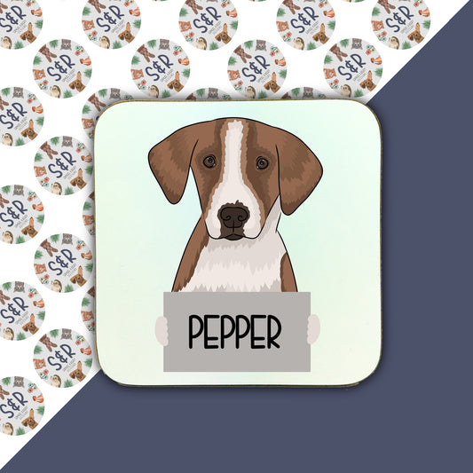 A personalised square coaster with an illustration of a foxhound dog and the name 'PEPPER' printed on it.