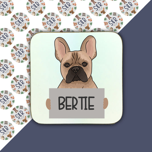 A square coaster with an illustration of a French Bulldog at the top and the name 'Bertie' printed on the bottom.