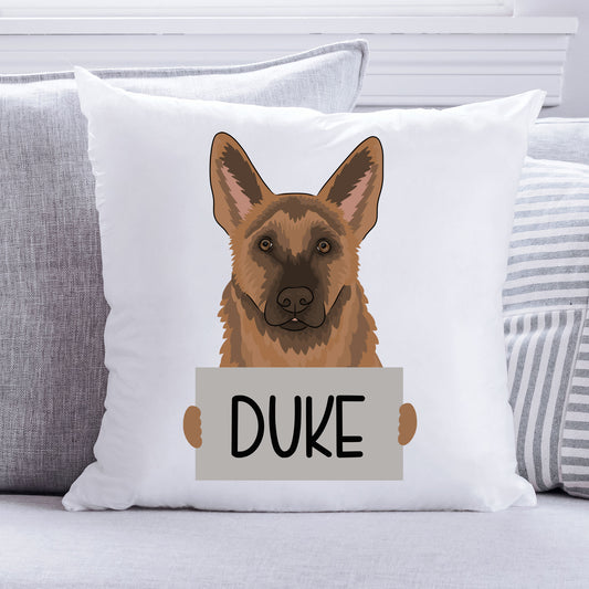 A square-shaped cushion with an illustration of a German Shepherd dog at the top, with the text 'Duke' at the bottom.