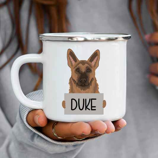A white enamel mug with a graphic of a German Shepherd dog head and the name 'Duke' below it.