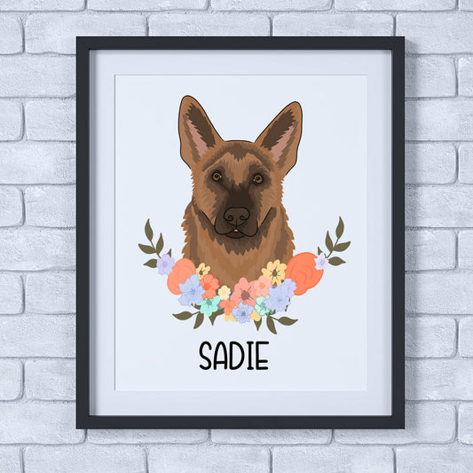 A personalised artwork print featuring a German Shepherd dog with a floral arrangement in the background, framed in a black frame.