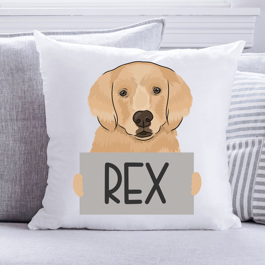 A square-shaped white cushion with a printed image of a Golden Retriever dog and the name 'Rex' below it.