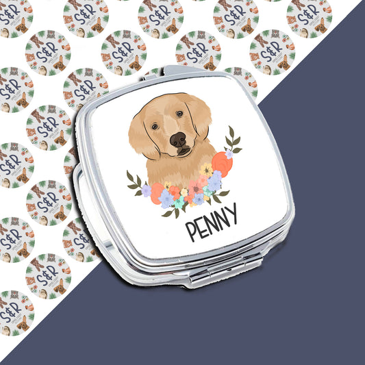 A personalised compact mirror with a sublimated design of a Golden Retriever dog on the front, with the name 'Penny' printed below the image.