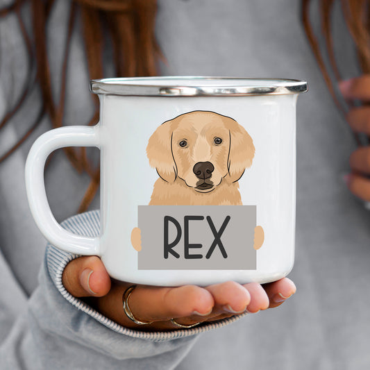 A white enamel mug with a printed image of a Golden Retriever dog and the name 'Rex'.