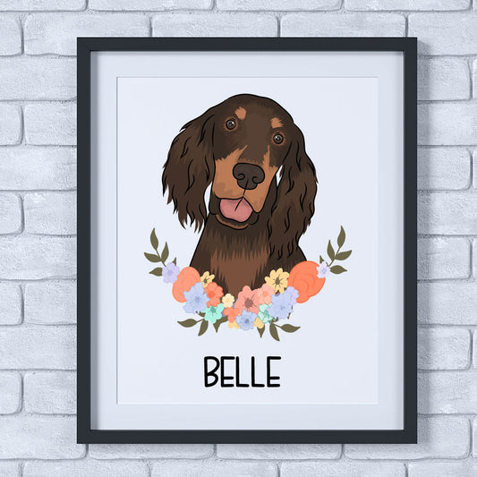 A personalised print featuring a floral-colored illustration of a dog with the name 'Belle' below it.