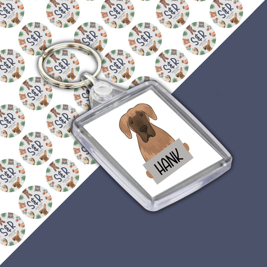 A personalised keyring featuring an illustration of a dog, labeled 'HANK', enclosed in a clear acrylic casing, on a background patterned with the brand name 'Samuel & Rigby'.