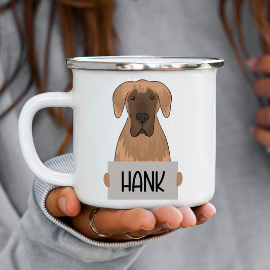 A white enamel mug with a graphic of a Great Dane dog and the name 'HANK' printed on it.