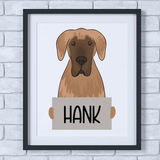 A framed poster of a cartoon great dane dog with a sign that says 'HANK'.