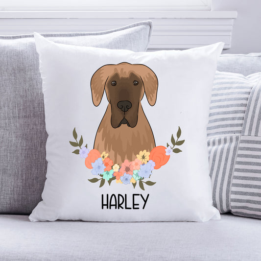 A square-shaped cushion featuring an illustration of a Great Dane dog with a floral pattern in the background.