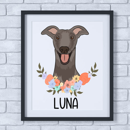 A printed artwork featuring a greyhound dog with a floral wreath and the name 'LUNA' at the bottom.