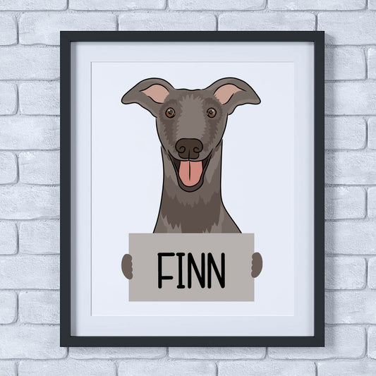 An illustration of a greyhound dog with a personalised sign that reads 'FINN', presented in a cartoon style.