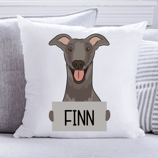 A square-shaped, white personalised pet cushion with a printed greyhound dog design in the center, with the name 'Finn' at the bottom.