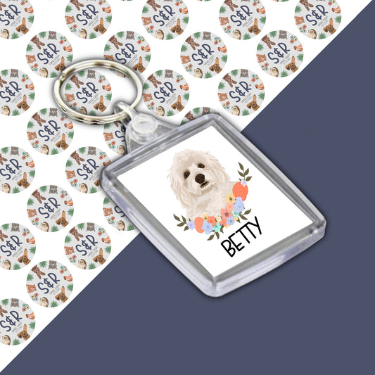 A personalised Havanese keyring featuring an image of a Havanese dog with a floral pattern in the background, placed on a branded Samuel & Rigby designs backing card.