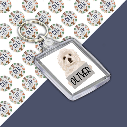 A personalised keyring featuring an image of a Havanese dog, with the name 'Oliver' printed on the keyring.