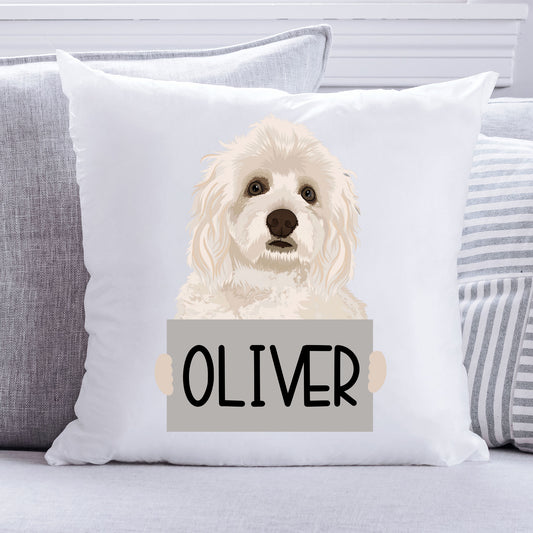 A square-shaped, white personalised pet cushion with a printed image of a Havanese dog and the name 'Oliver' below it.