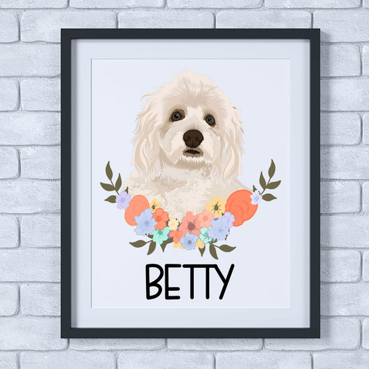 A personalised dog print featuring an illustration of a Havanese dog with a floral wreath background, with the name 'Betty' printed at the bottom.