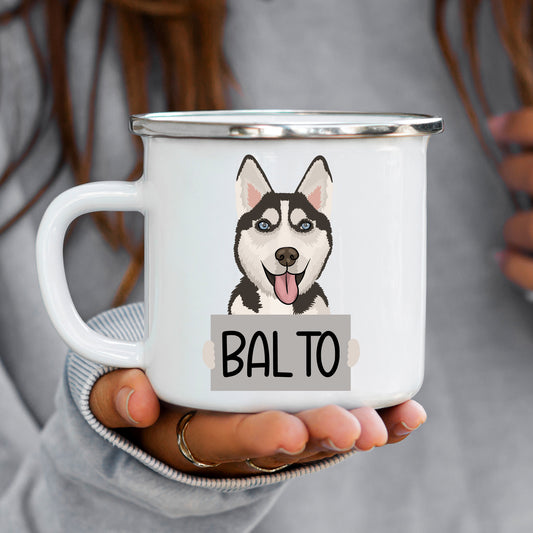 A white ceramic mug with a graphic design of a Husky dog.