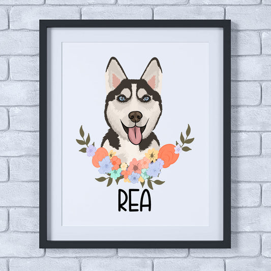 A personalised artwork print featuring a husky dog with a flower arrangement in its mouth, framed in a white and orange colour scheme.