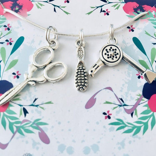 Hair Salon Necklace, Salon Staff Jewellery, Hairdresser Necklace, Hairdressing Necklace, Scissors Necklace, Hairdryer Gift Ideas, Hairbrush.