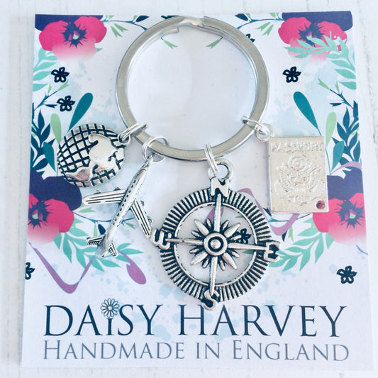 Travel Keychain, Keyring, Bag Charm, Travel Accessory, Compass, Travelling Gift, Luggage Keyring, Earth Gift, Aeroplane Gift, Passport Gift.