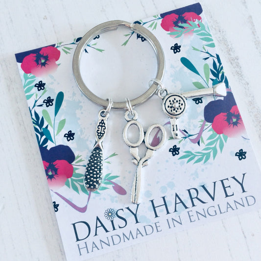 Hair Salon Gifts, Salon Staff Gifts, Hairdresser Keychain, Hairdressing Keyring, Scissors Charm, Hair Dryer Gift Ideas, Hairbrush Charms.