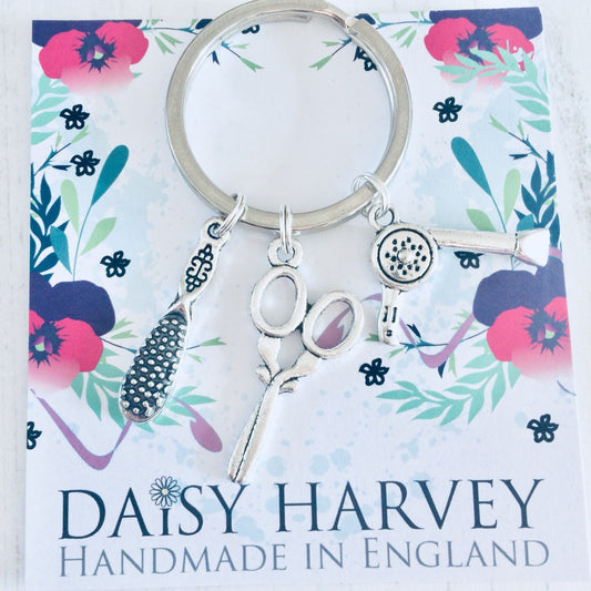 Hair Salon Gifts, Salon Staff Gifts, Hairdresser Keychain, Hairdressing Keyring, Scissors Charm, Hair Dryer Gift Ideas, Hairbrush Charms.