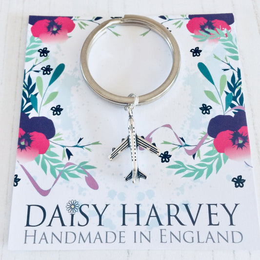 Aeroplane Keychain, Travel Keyring, Plane Charm Gift, Aircraft Keyrings, Frequent Flyer Gift, Silver Jet Charm, Vacation Gift, Pilot Gifts.