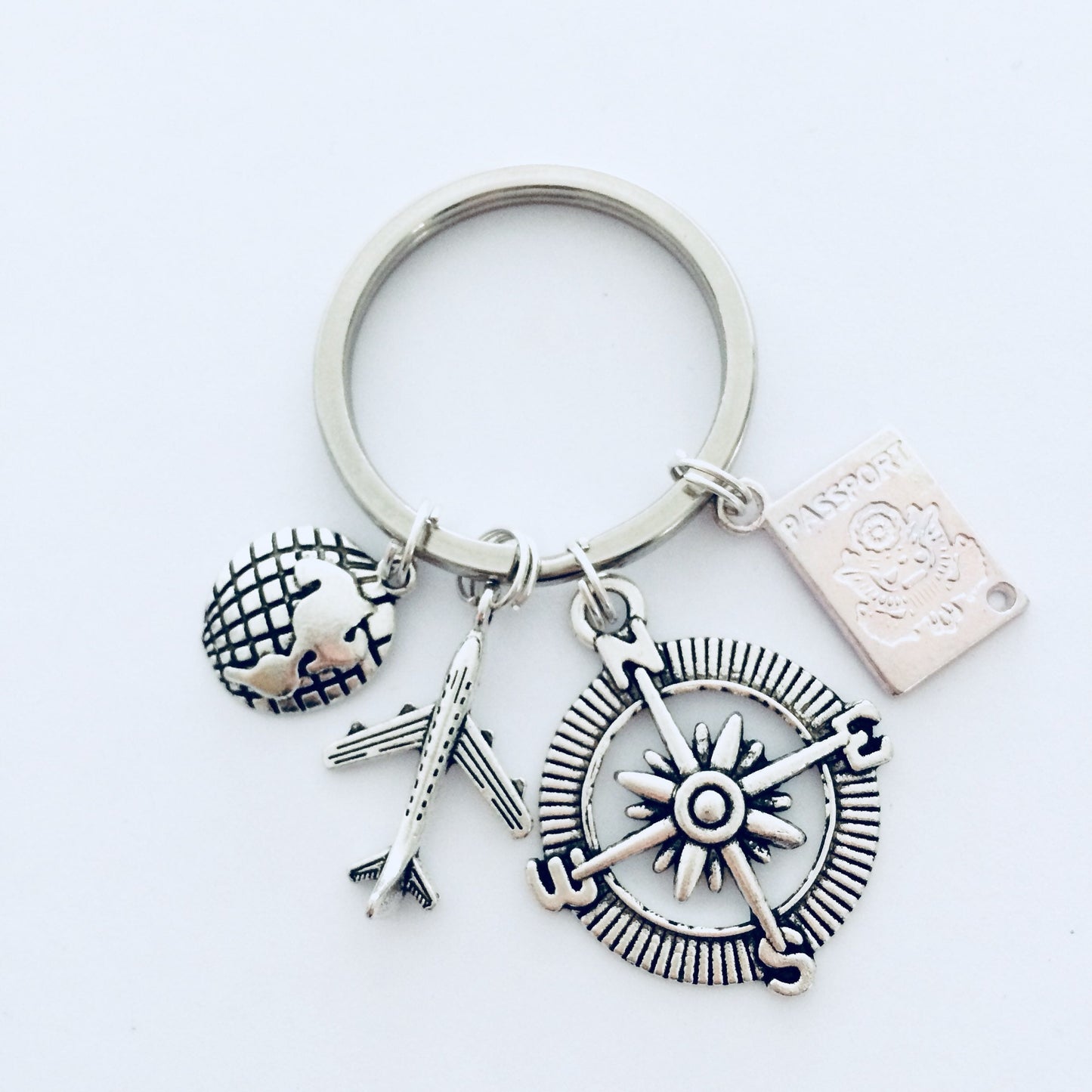 Travel Keychain, Keyring, Bag Charm, Travel Accessory, Compass, Travelling Gift, Luggage Keyring, Earth Gift, Aeroplane Gift, Passport Gift.