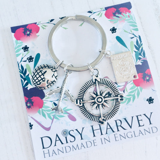 Travel Keychain, Keyring, Bag Charm, Travel Accessory, Compass, Travelling Gift, Luggage Keyring, Earth Gift, Aeroplane Gift, Passport Gift.