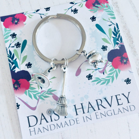 Witch Related Gift, Cauldron Keychain, Broomstick Keychain, Witches Hat Keychain, Witchy Keyring, Witchcraft Gifts, Halloween Keychain.