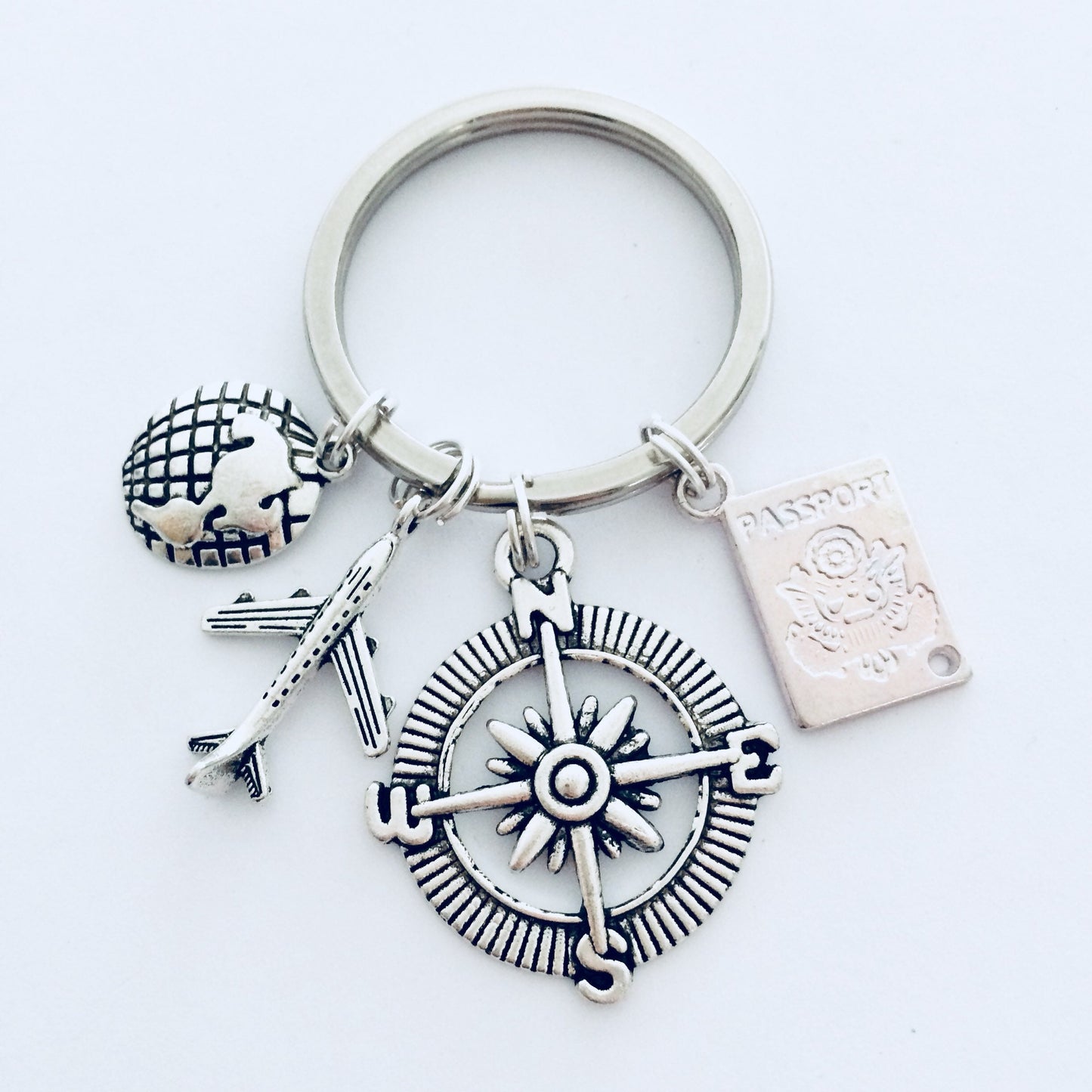 Travel Keychain, Keyring, Bag Charm, Travel Accessory, Compass, Travelling Gift, Luggage Keyring, Earth Gift, Aeroplane Gift, Passport Gift.