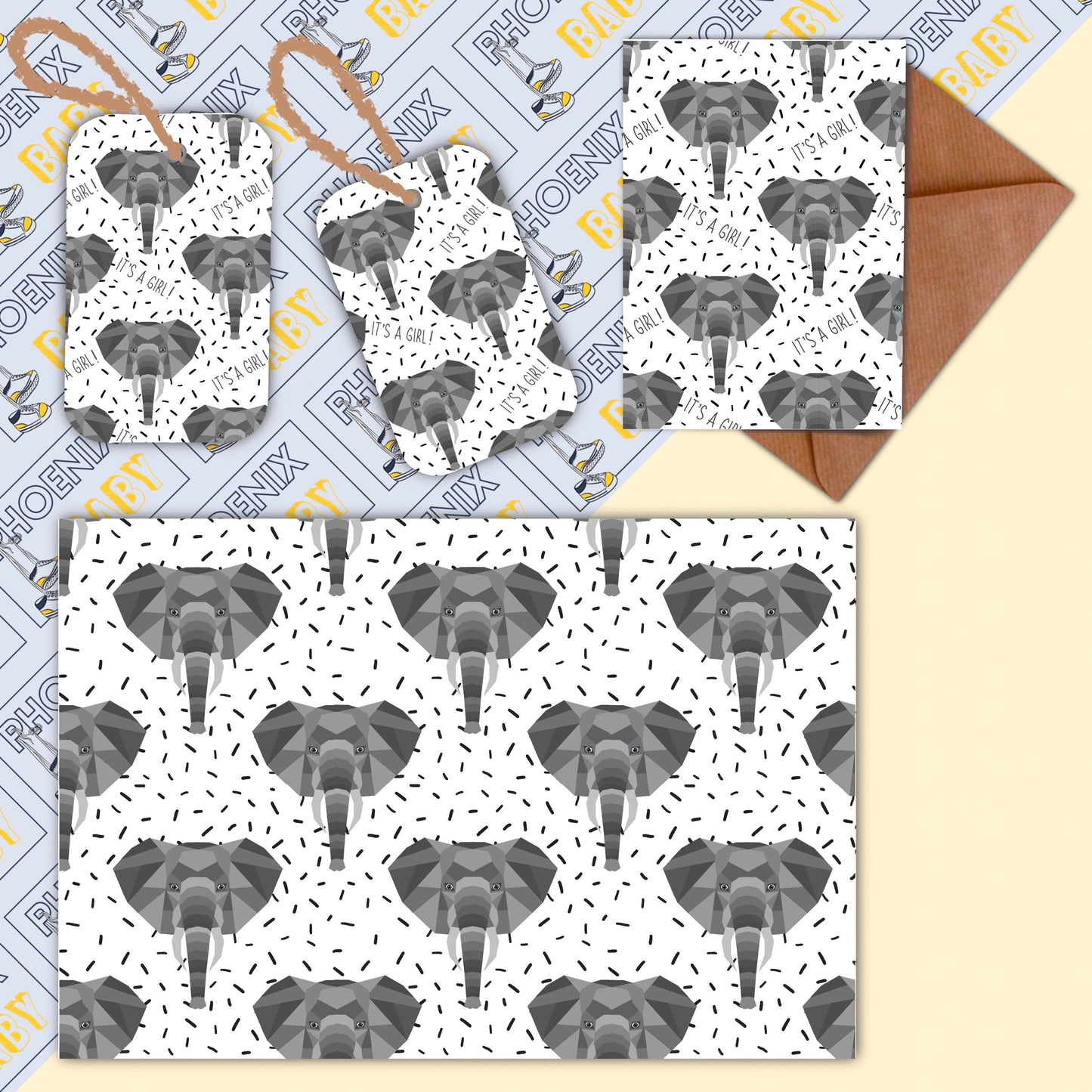 Elephant Wrapping Paper // It's a girl gift wrap, elephant gift wrap, Elephant gift tags, Elephant card, Elephant wrapping set, gift ideas